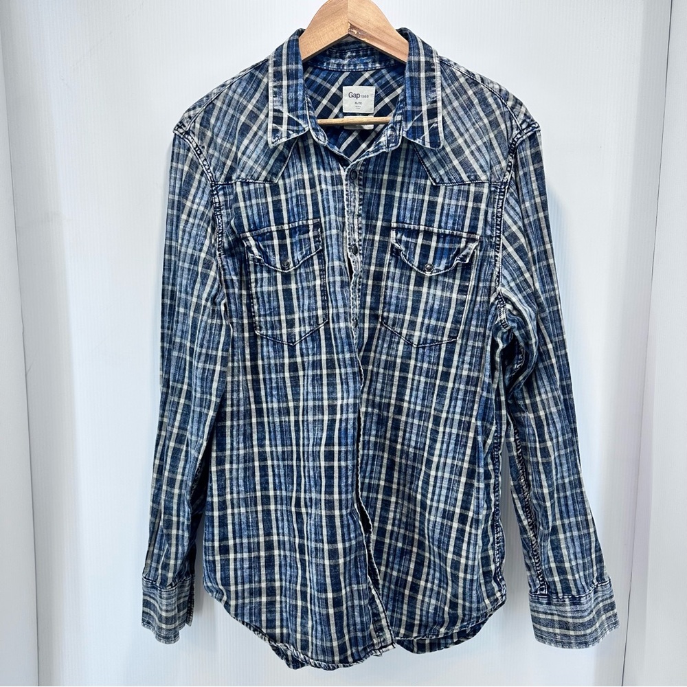 Gap 1969 Flannel Shirt Men’s XL Black Pearl Snaps Slim Fit Western Long Sleeve
